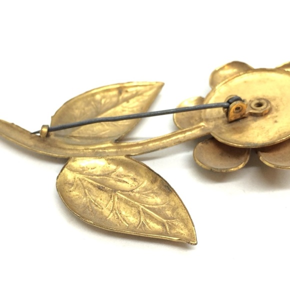 VINTAGE MCM FLOWER BROOCH PIN RED RHINESTONE ART NOUVEAU GOLD TONE MID -CENTURY - Picture 10 of 14